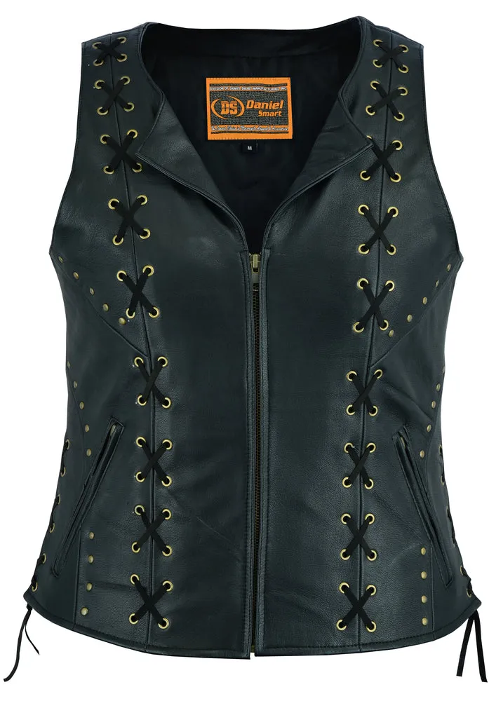 Women's Zippered Leather Vest with Lacing Details