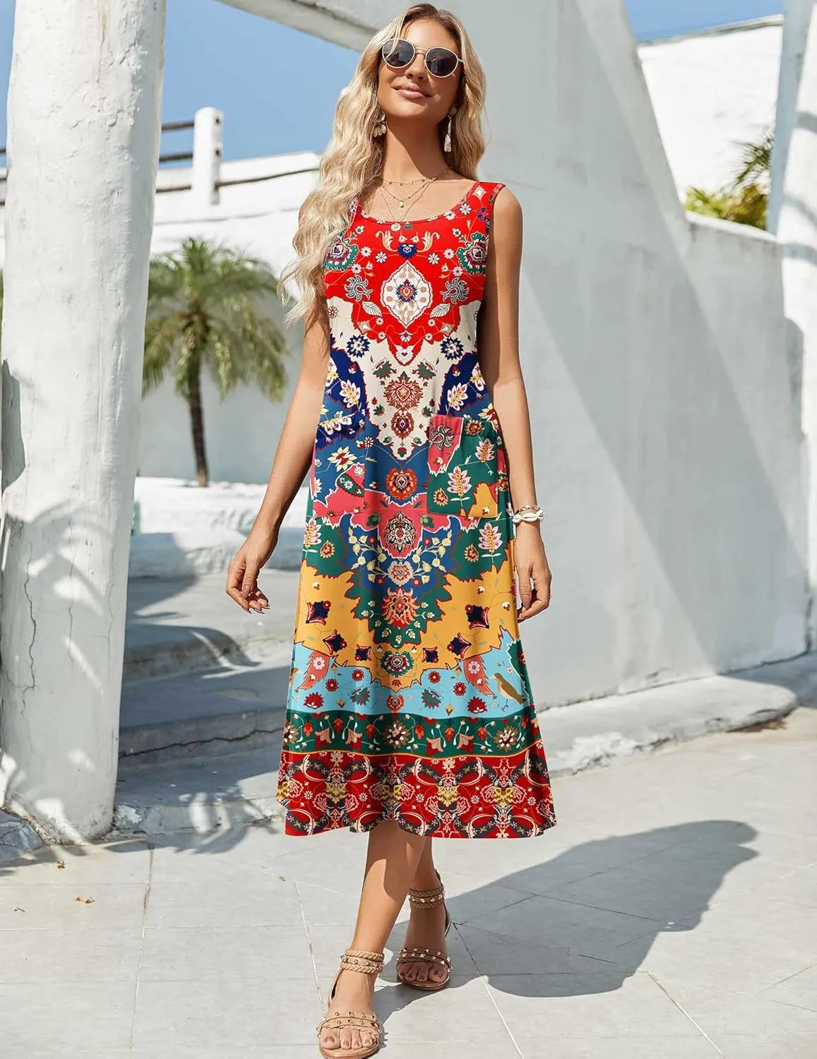 Zeagoo Floral Beach Sundress Casual A-Line Midi Tank Dresses