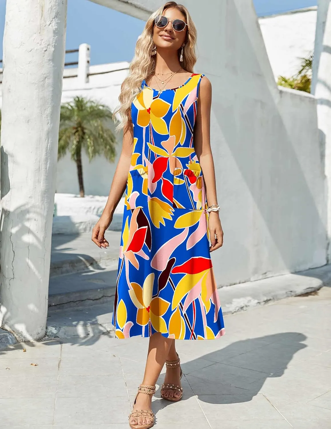 Zeagoo Floral Beach Sundress Casual A-Line Midi Tank Dresses