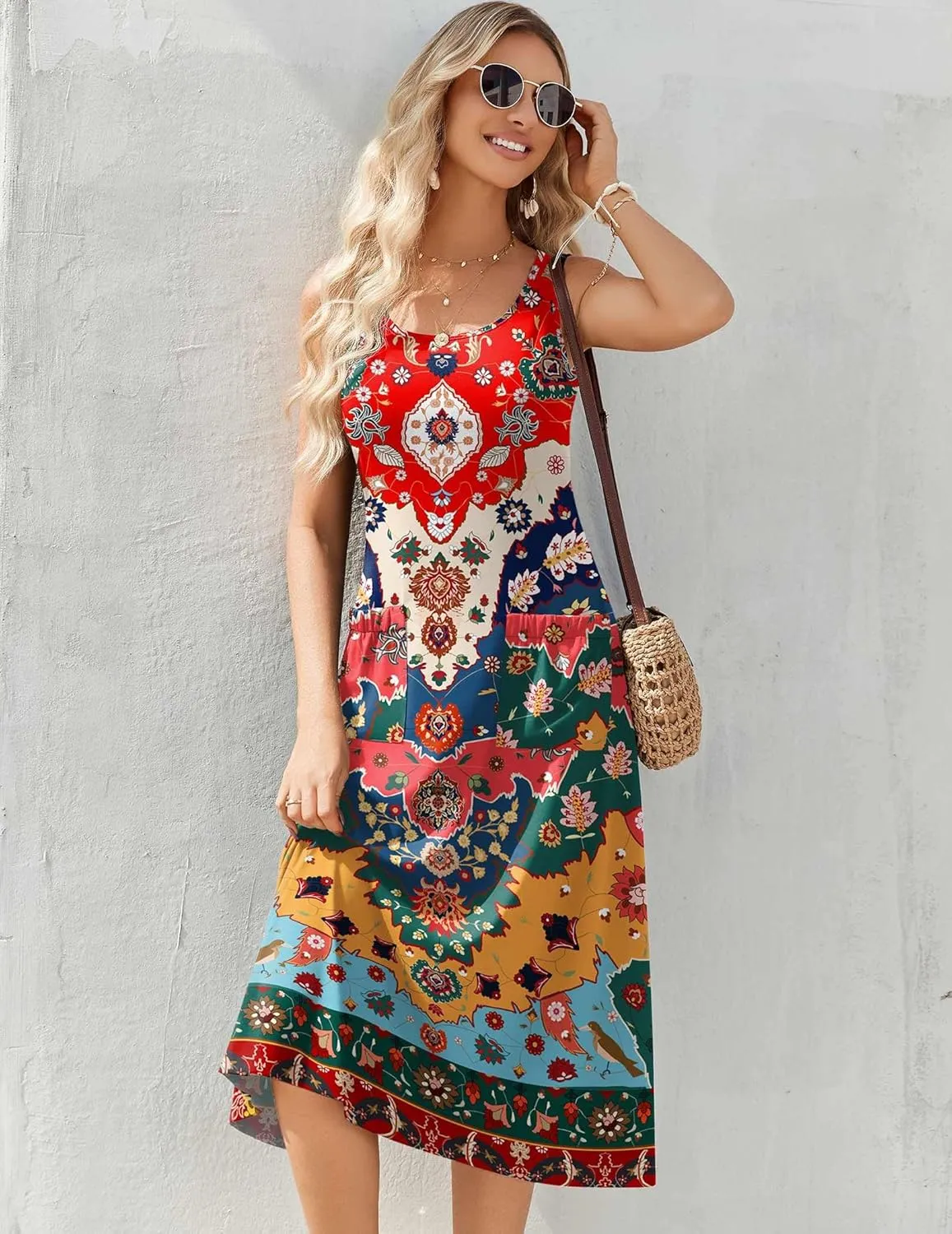 Zeagoo Floral Beach Sundress Casual A-Line Midi Tank Dresses