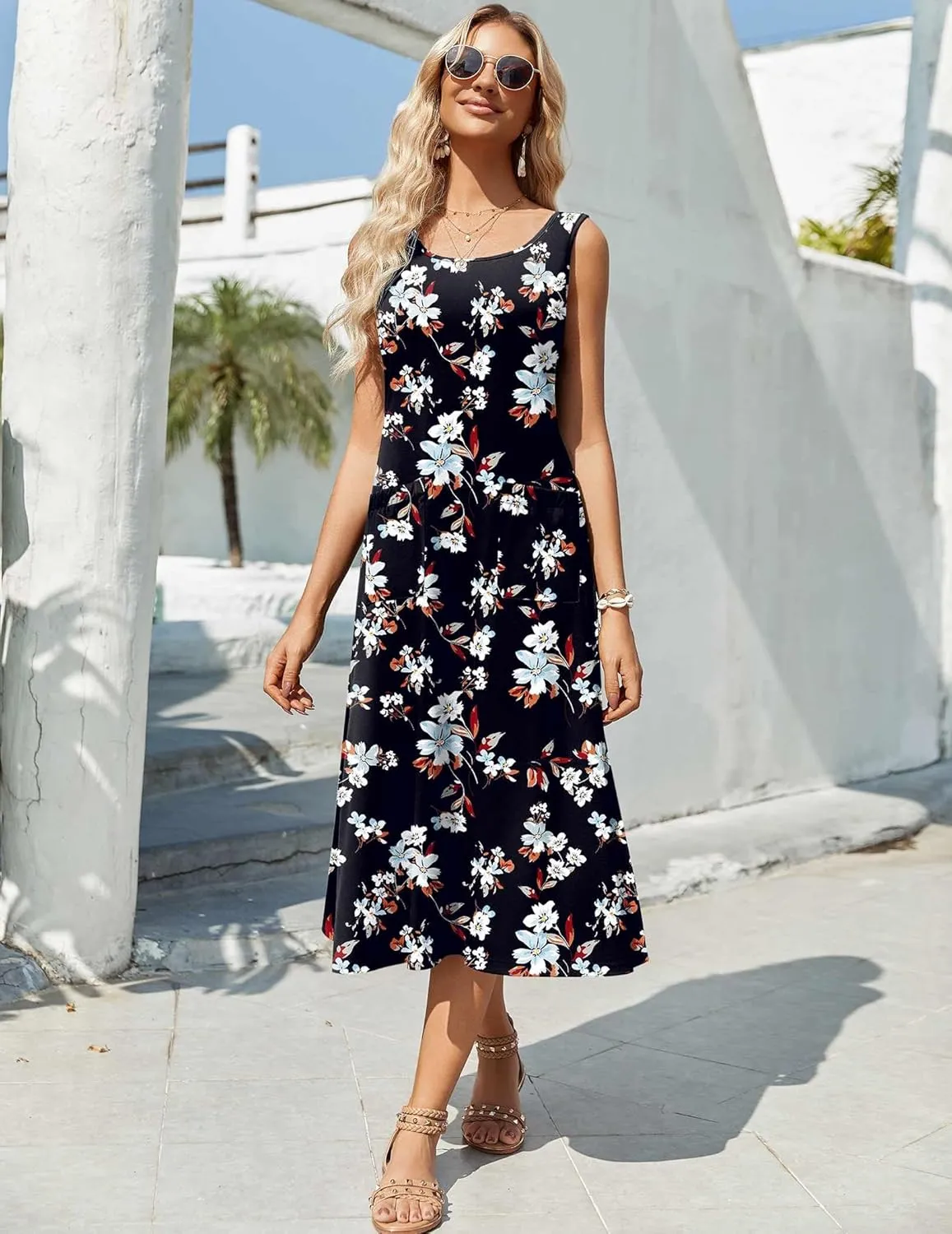 Zeagoo Floral Beach Sundress Casual A-Line Midi Tank Dresses