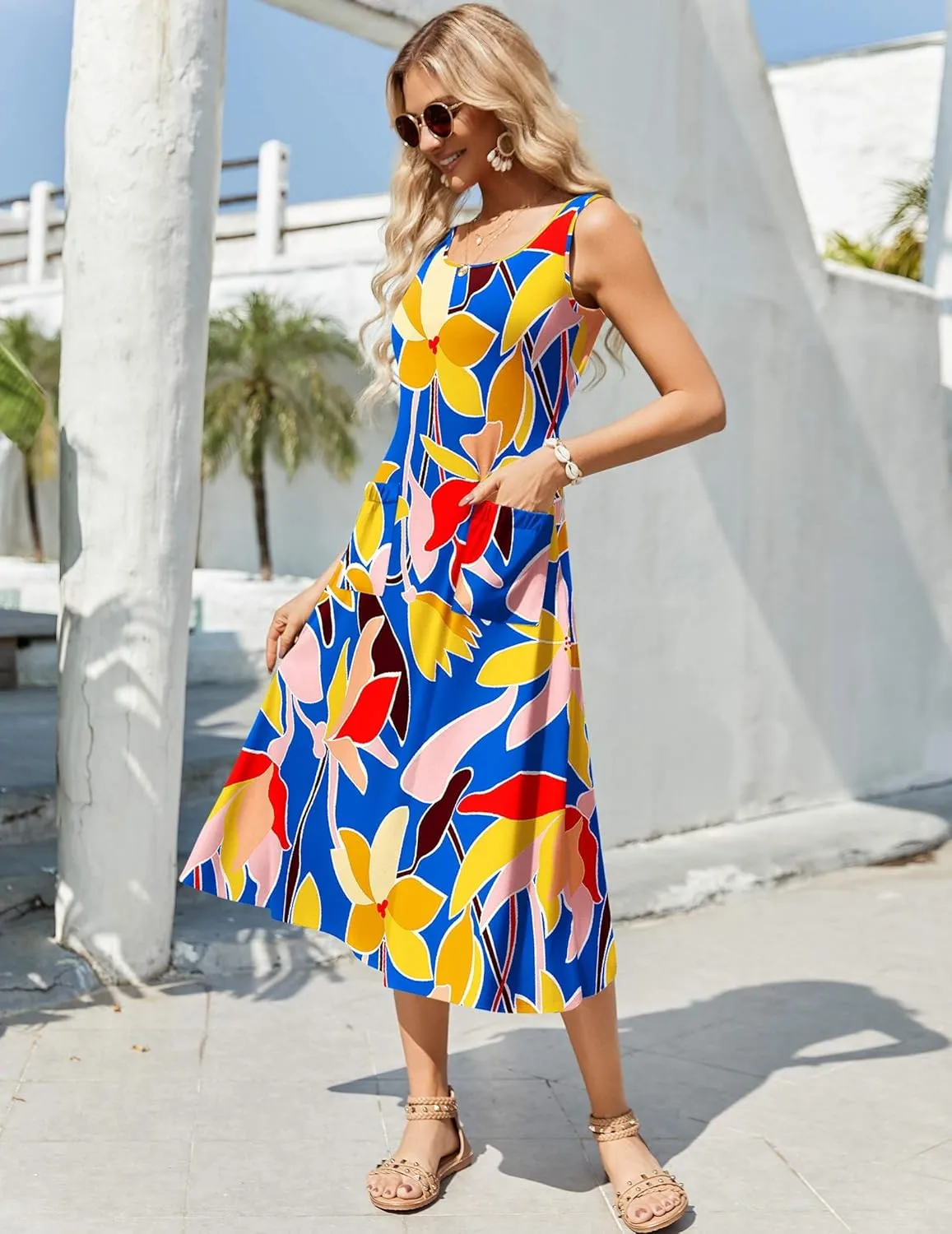 Zeagoo Floral Beach Sundress Casual A-Line Midi Tank Dresses