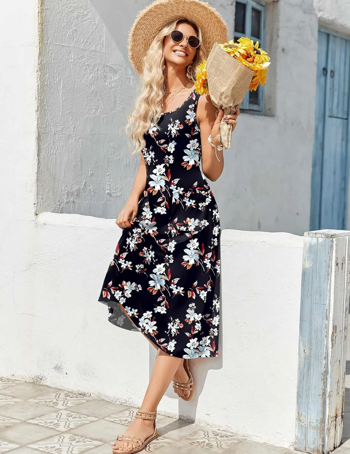 Zeagoo Floral Beach Sundress Casual A-Line Midi Tank Dresses