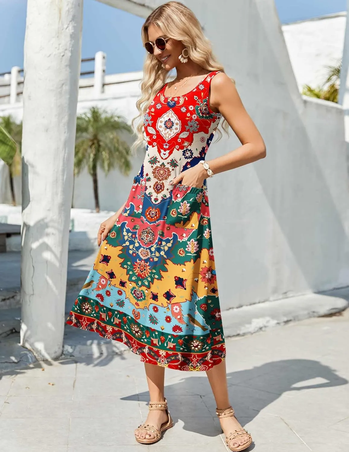 Zeagoo Floral Beach Sundress Casual A-Line Midi Tank Dresses