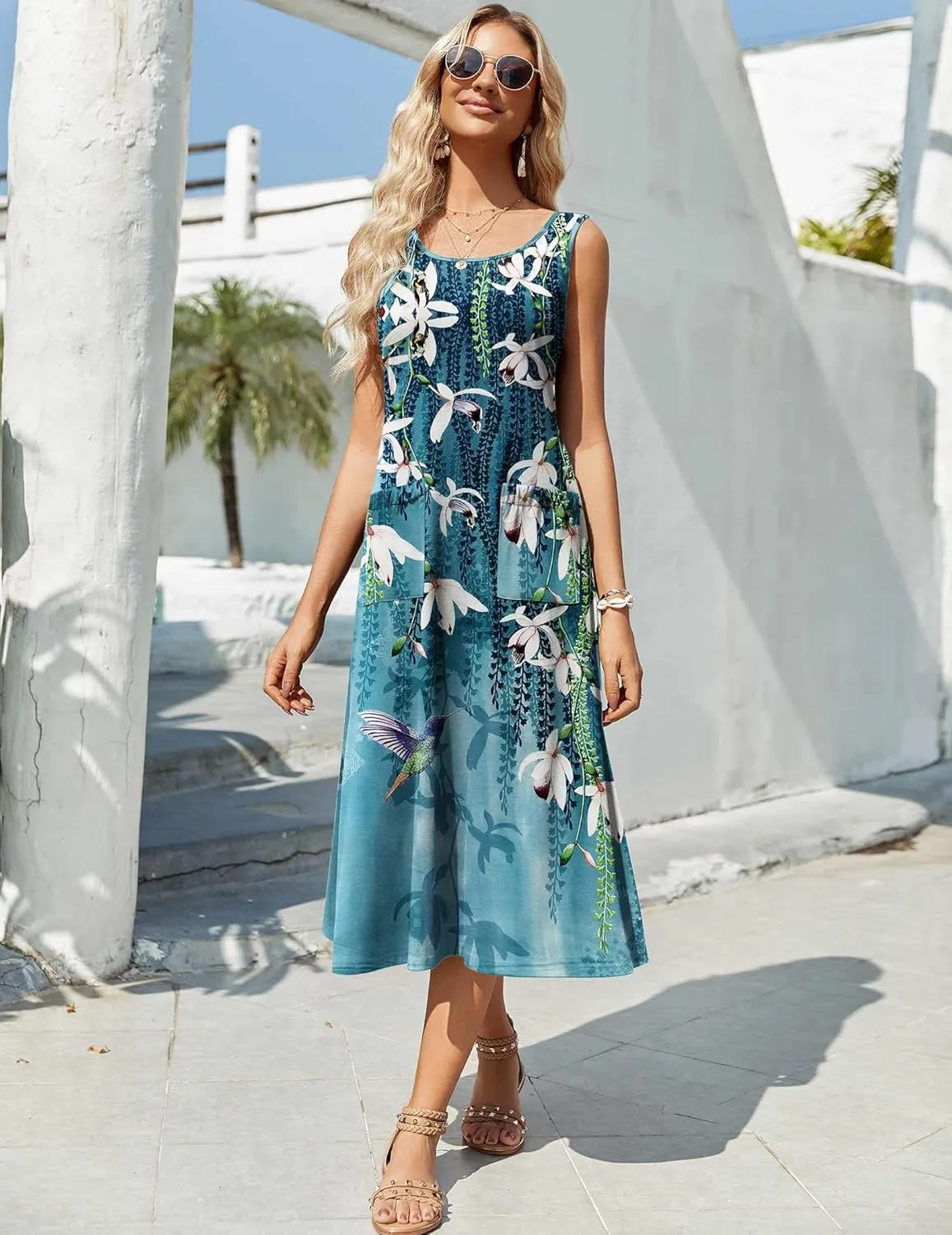 Zeagoo Floral Beach Sundress Casual A-Line Midi Tank Dresses