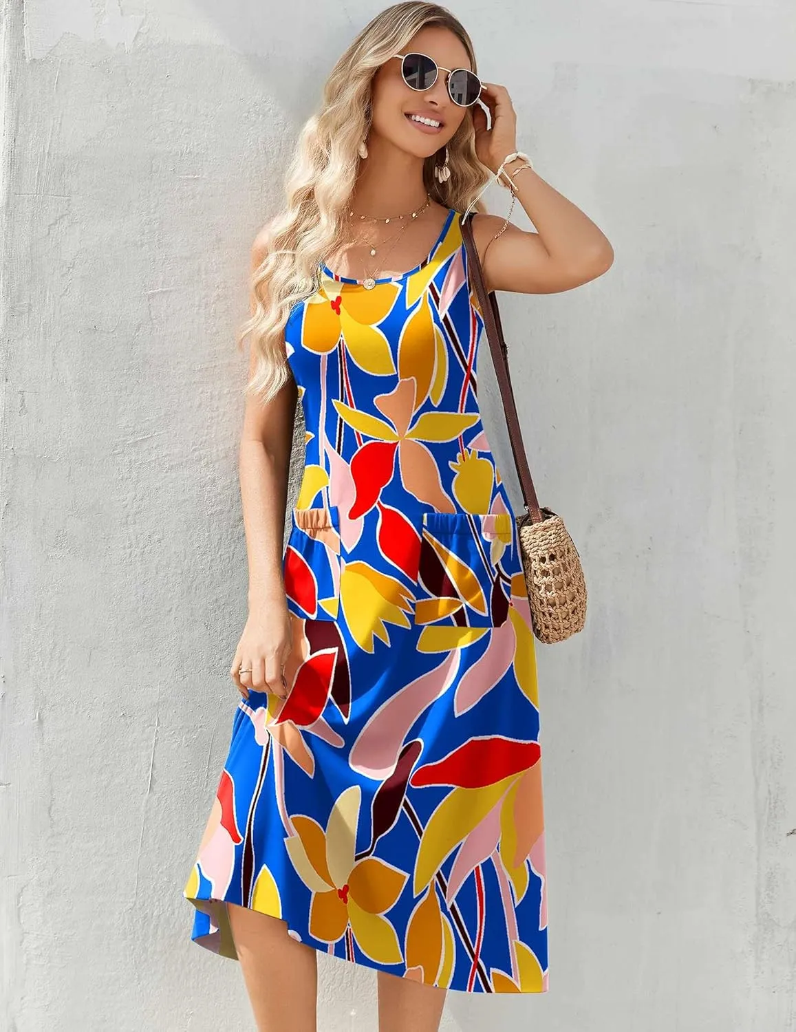 Zeagoo Floral Beach Sundress Casual A-Line Midi Tank Dresses